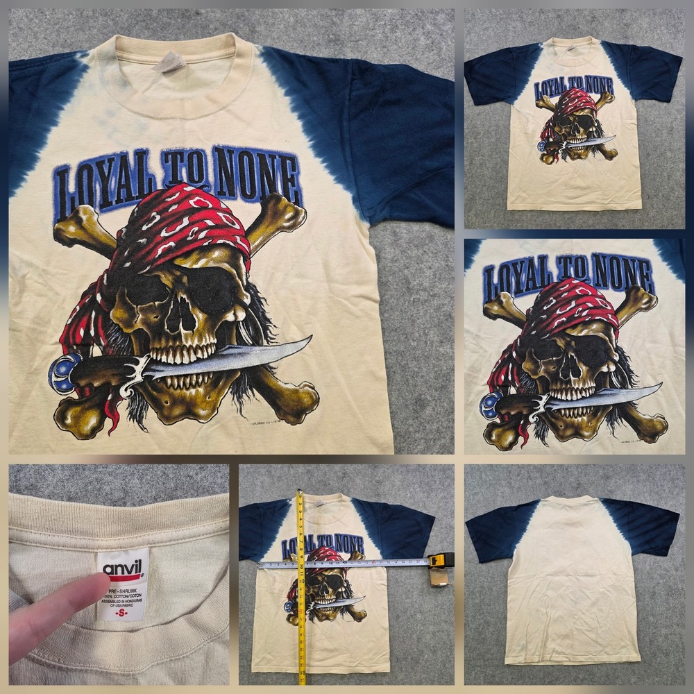 VTG Loyal To Pirate Skull T Shirt Mens Small Beige Anvil Biker Graphic Tee
